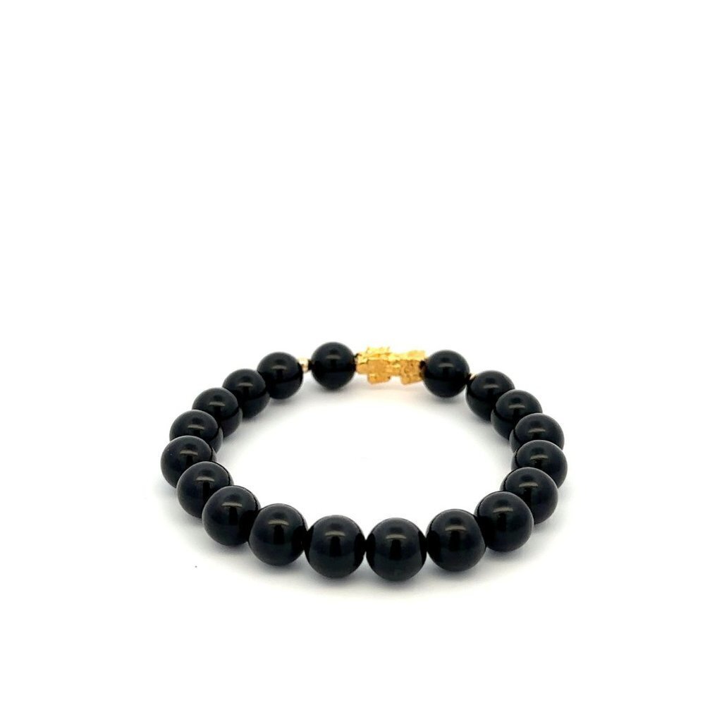18K Gold Dragon Pixiu Piyao Lucky Charm Bead Bracelet Gemstone Black Onyx 8mm - Picture 5 of 9